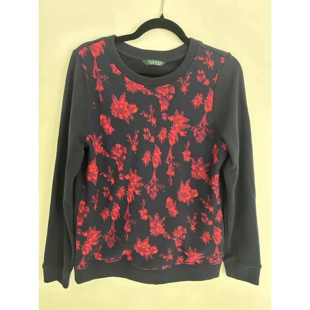 Lauren Ralph Lauren Navy Blue Floral Mixed Media Sweatshirt Pullover Womens M